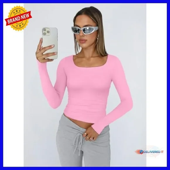 Long Sleeve Crop Top Y2K Square Neck Stretchy Tee Fall Fashion - Picture 3 of 8